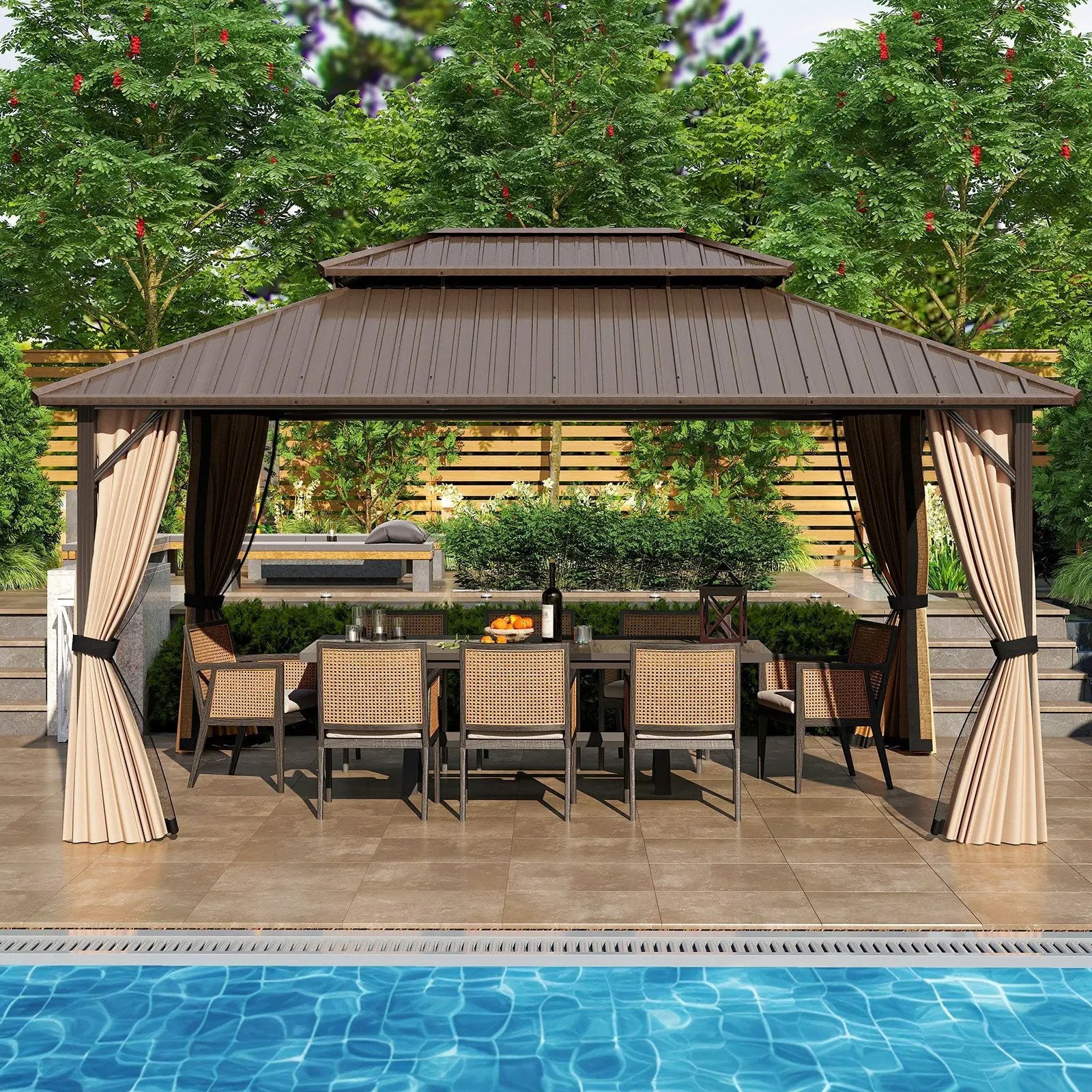16 x 12 FT Hardtop Gazebo Outdoor Pergola for Patio Garden Deck Lawn Backyard Party Tent-Coffee by DirectDeals