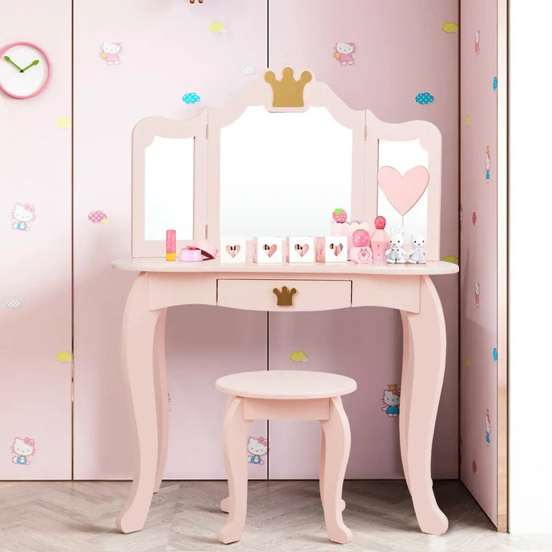 Kids Makeup Dressing Table with Tri-folding Mirror and Stool by DirectDeals