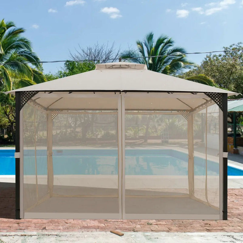 12 x 10 Feet Outdoor Double Top Patio Gazebo with Netting-Brown by DirectDeals