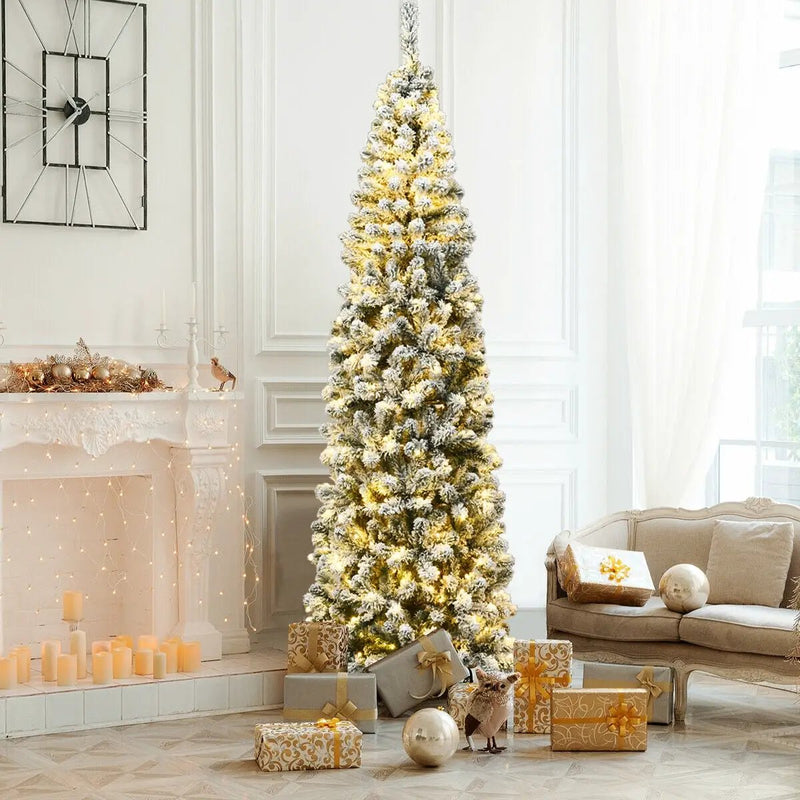 7.5 Feet Pre-lit Snow Flocked Artificial Pencil Christmas Tree with LED Lights by DirectDeals