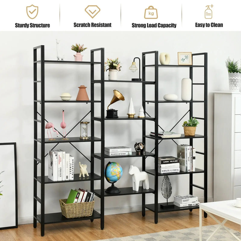 Vintage Triple Wide 5-Tier Bookcase Large Bookshelf Display Storage Shelf by DirectDeals
