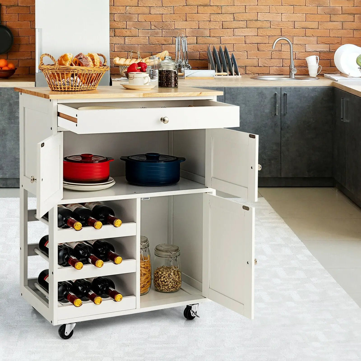 Kitchen Cart with Rubber Wood Top 3 Tier Wine Racks 2 Cabinets, photo 12 of 16
