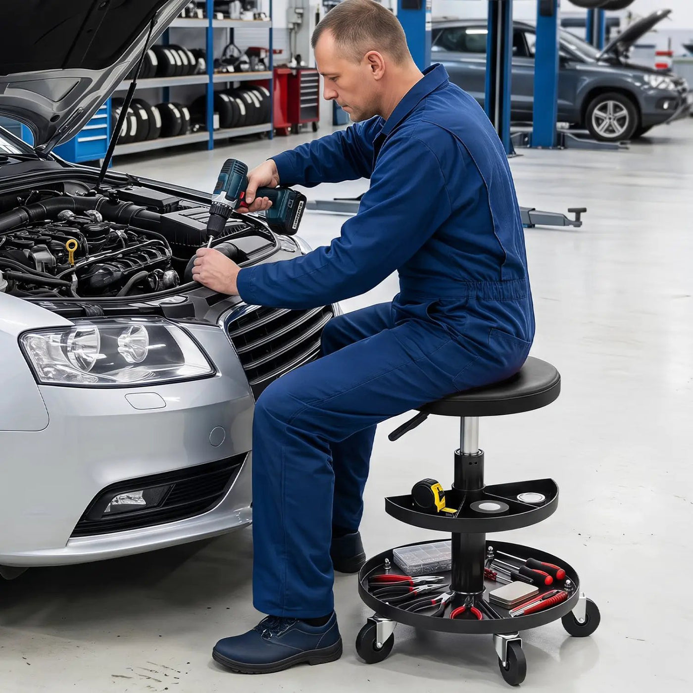Adjustable Rolling Mechanic Stool with Tool Trays by DirectDeals