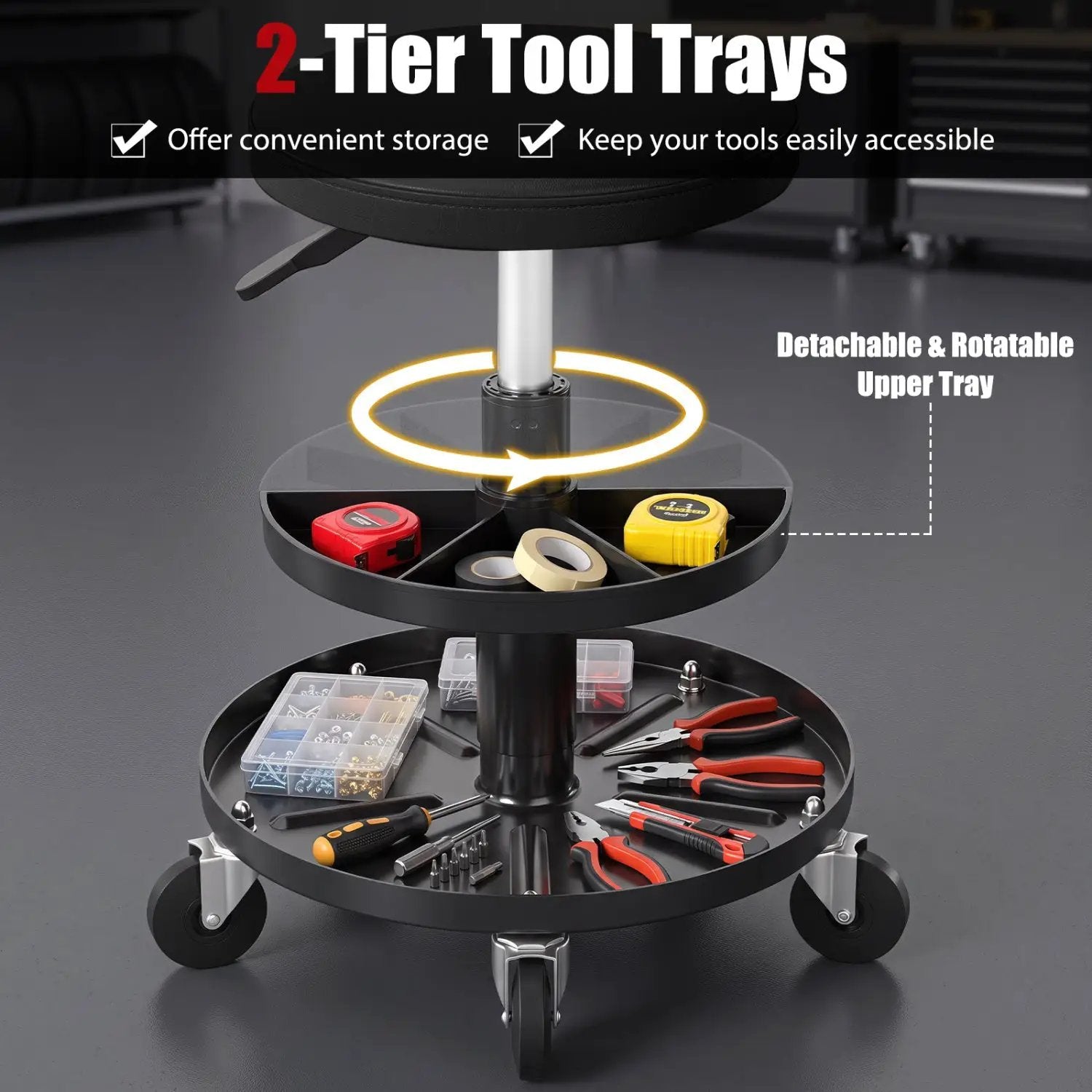 Adjustable Rolling Mechanic Stool with Tool Trays by DirectDeals