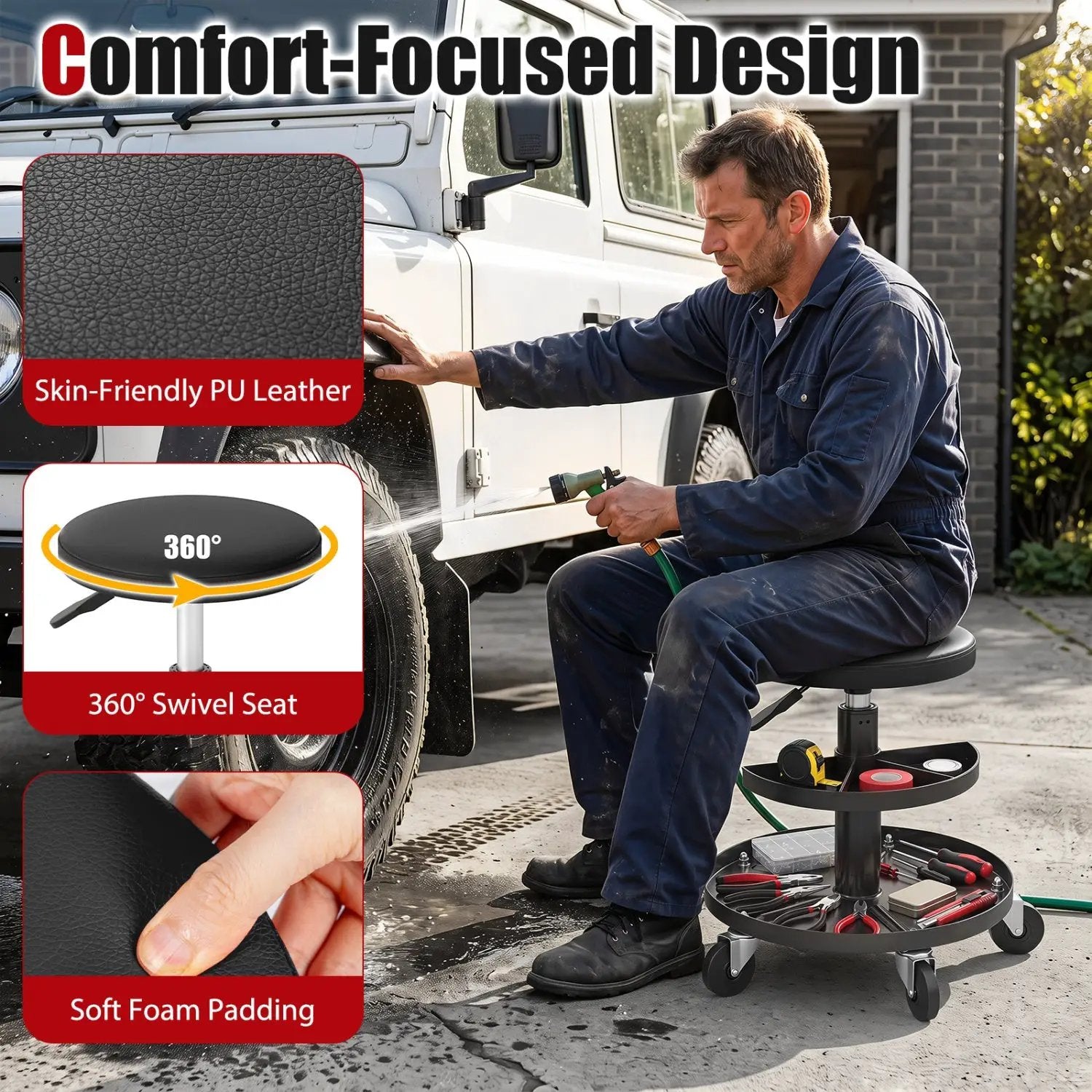 Adjustable Rolling Mechanic Stool with Tool Trays by DirectDeals
