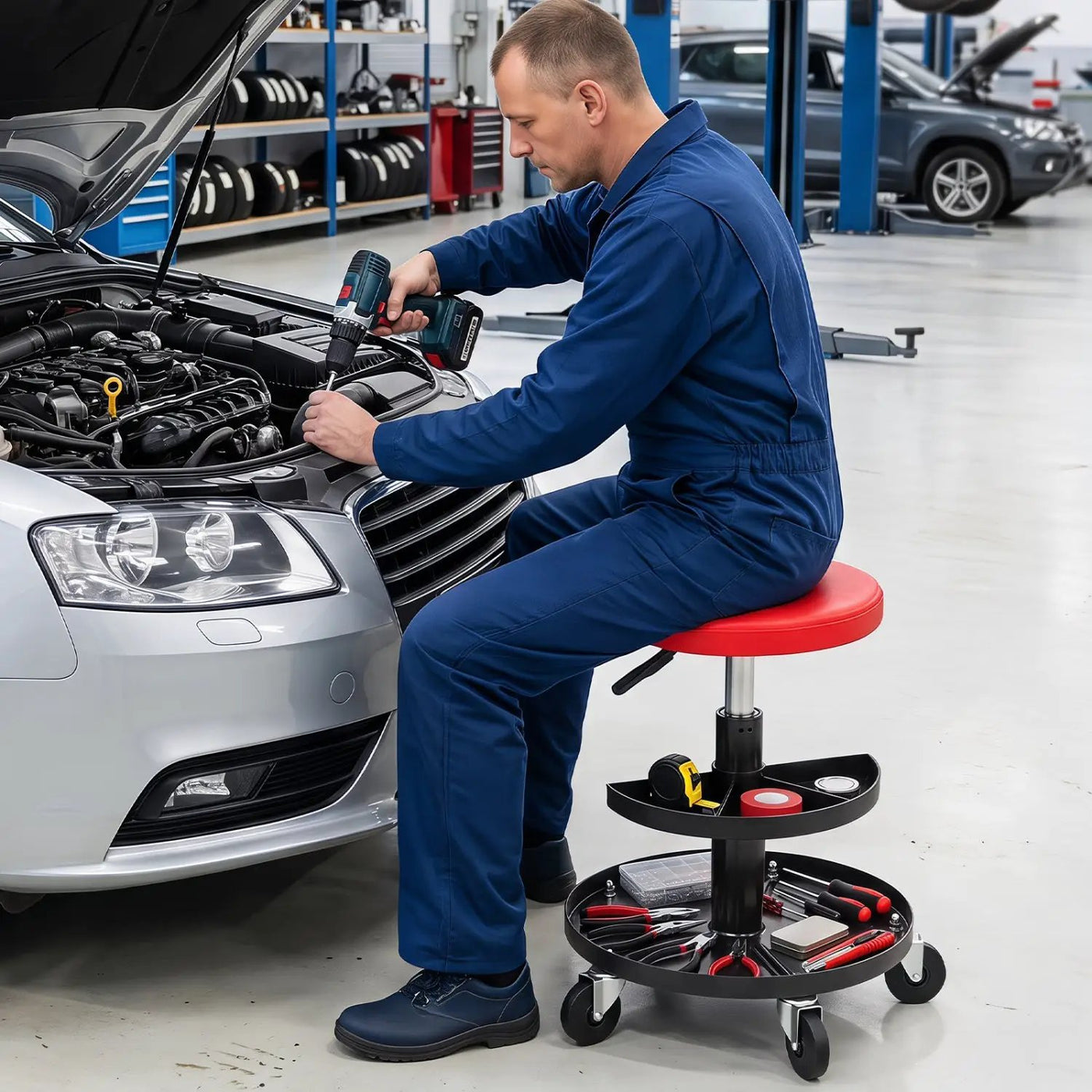 Adjustable Rolling Mechanic Stool with Tool Trays by DirectDeals