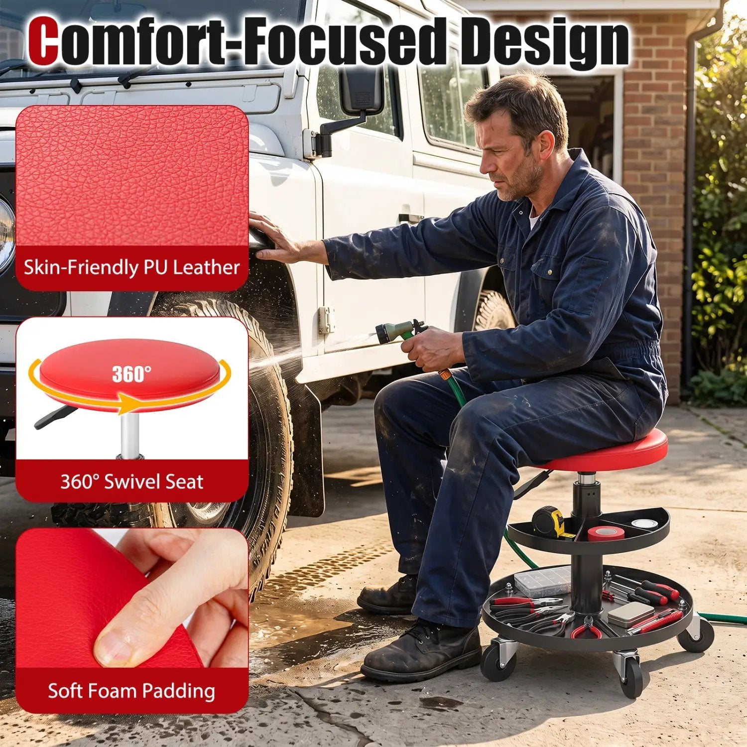 Adjustable Rolling Mechanic Stool with Tool Trays by DirectDeals