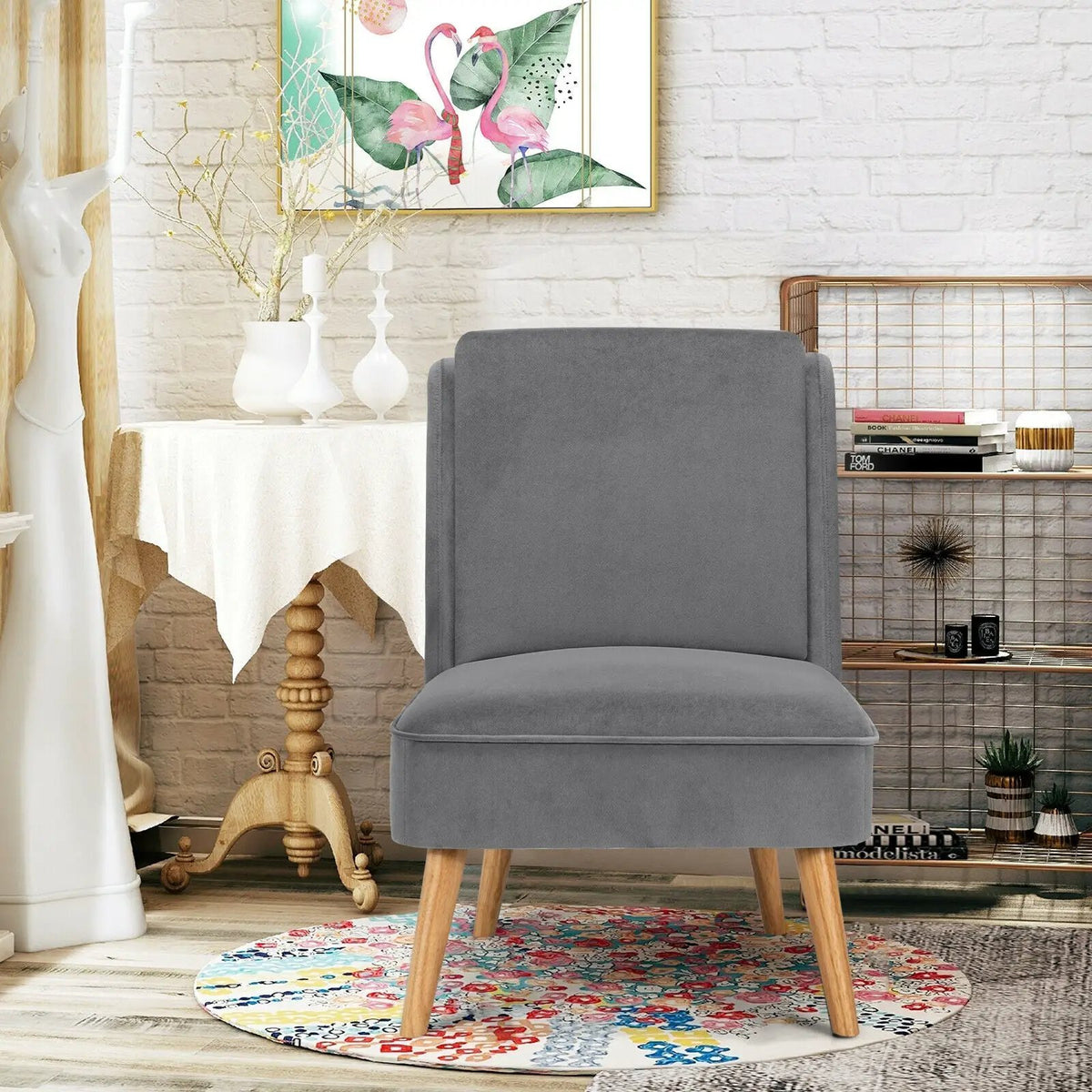 Velvet Accent Armless Side Chair with Rubber Wood Legs for Bedroom, photo 16 of 24