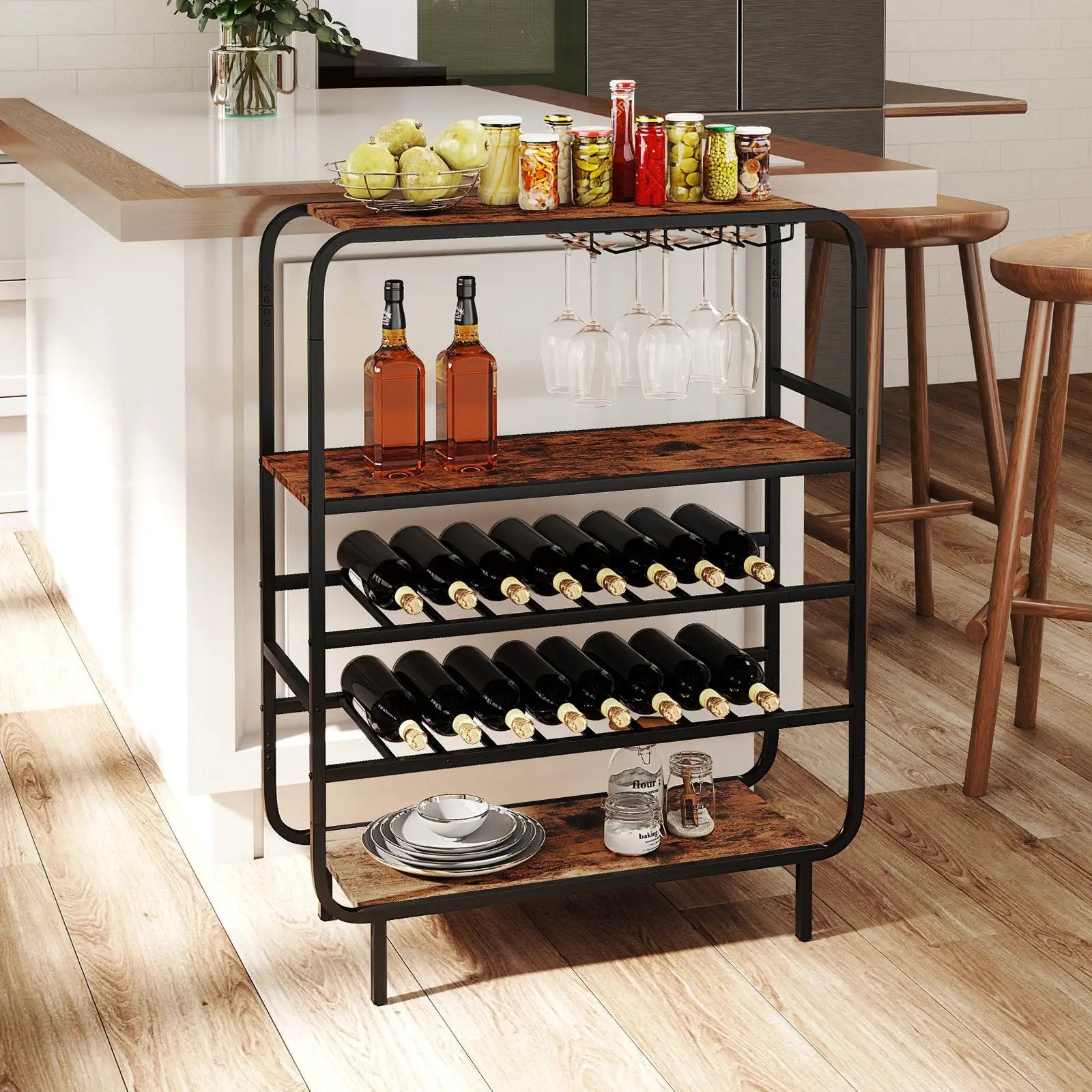 16 Bottle Wine Rack with 5-Tier Wine Shelf and Glass Holders for Kitchen Bar-Rustic Brown by DirectDeals