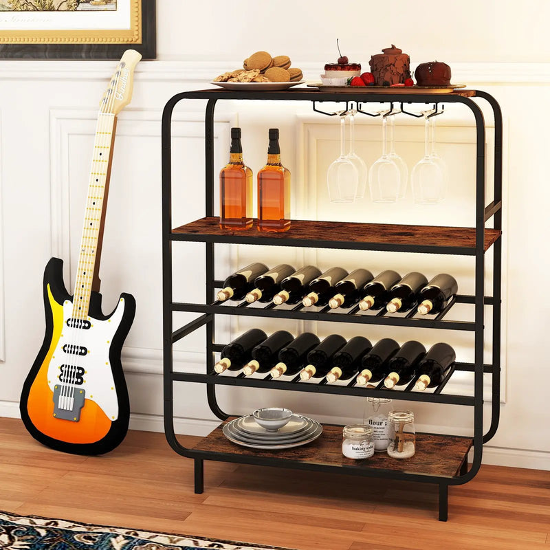 16 Bottle Wine Rack with 5-Tier Wine Shelf and Glass Holders for Kitchen Bar-Rustic Brown by DirectDeals