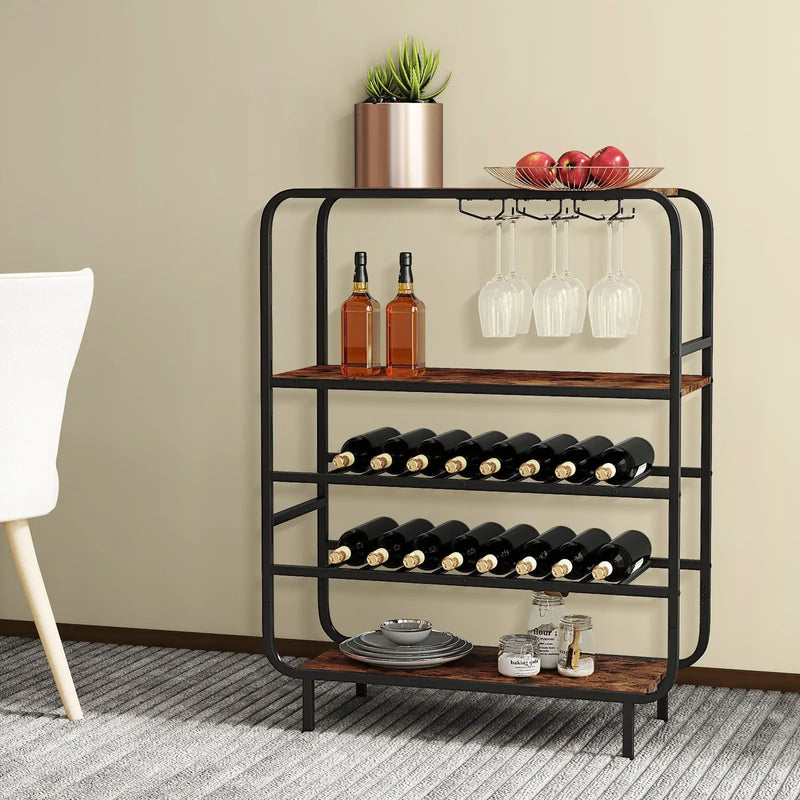 16 Bottle Wine Rack with 5-Tier Wine Shelf and Glass Holders for Kitchen Bar-Rustic Brown by DirectDeals