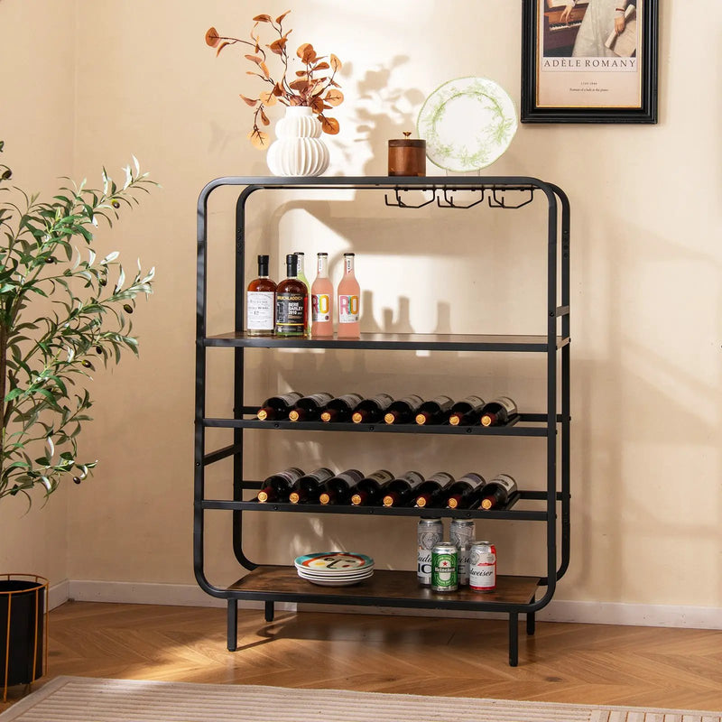 16 Bottle Wine Rack with 5-Tier Wine Shelf and Glass Holders for Kitchen Bar-Rustic Brown by DirectDeals