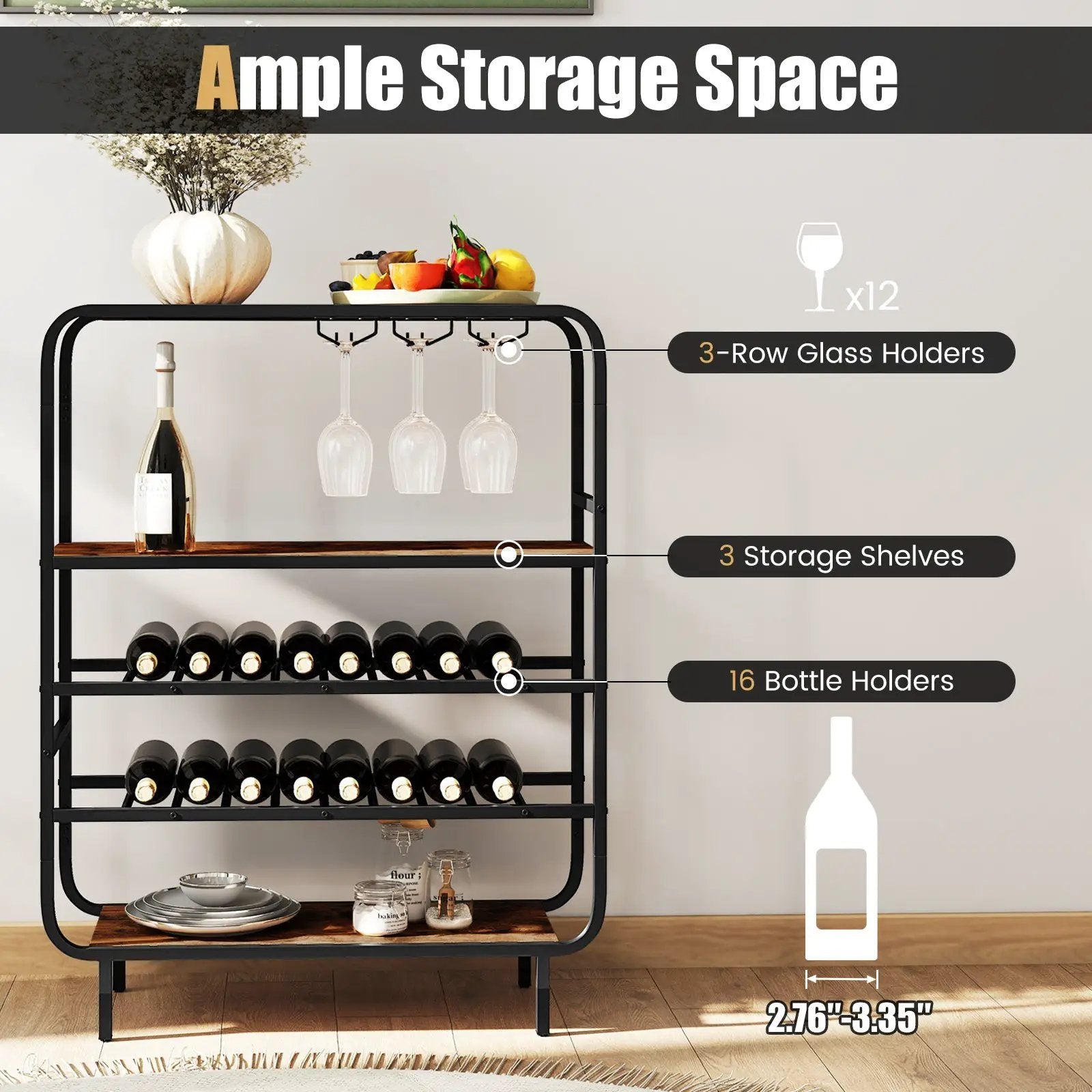 16 Bottle Wine Rack with 5-Tier Wine Shelf and Glass Holders for Kitchen Bar-Rustic Brown by DirectDeals