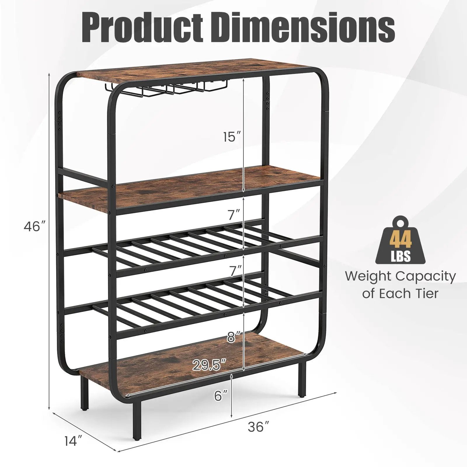 16 Bottle Wine Rack with 5-Tier Wine Shelf and Glass Holders for Kitchen Bar-Rustic Brown by DirectDeals