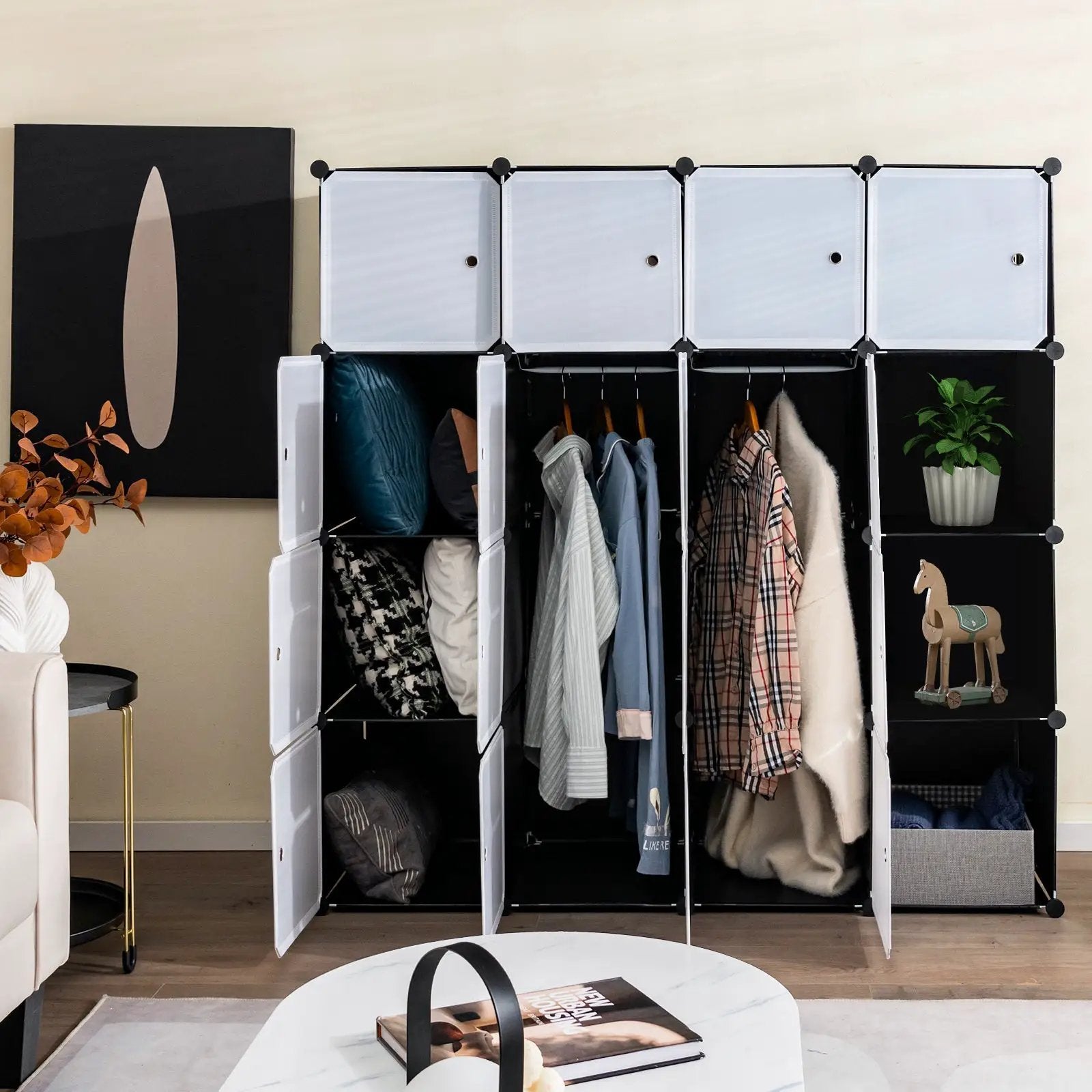 16-Cube Storage Organizer with 16 Doors and 2 Hanging Rods-Black by DirectDeals