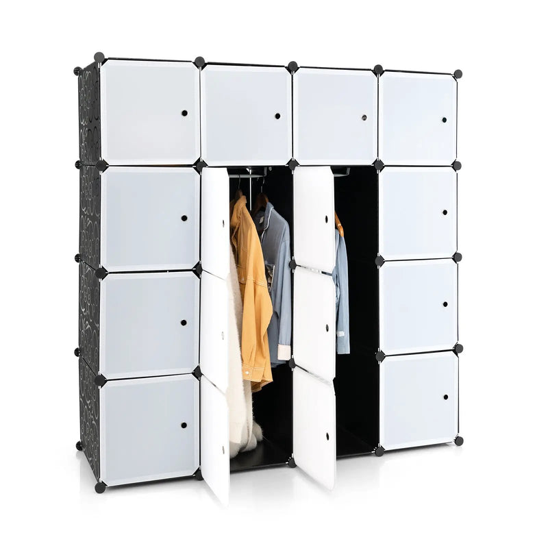 16-Cube Storage Organizer with 16 Doors and 2 Hanging Rods-Black by DirectDeals