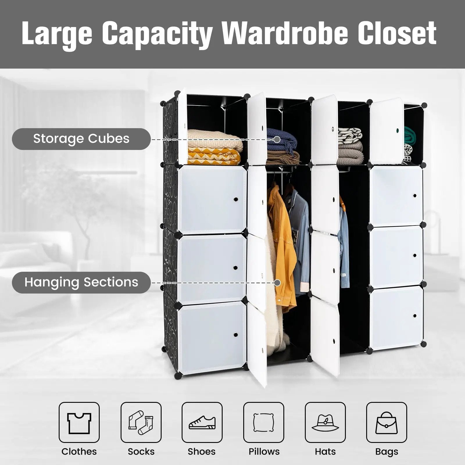 16-Cube Storage Organizer with 16 Doors and 2 Hanging Rods-Black by DirectDeals
