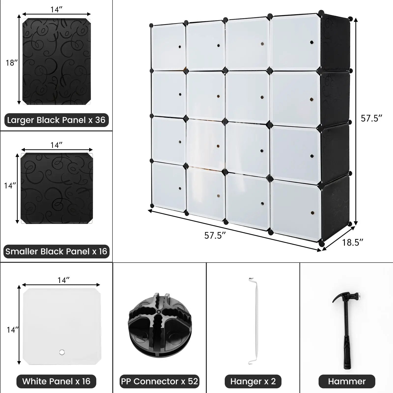 16-Cube Storage Organizer with 16 Doors and 2 Hanging Rods-Black by DirectDeals