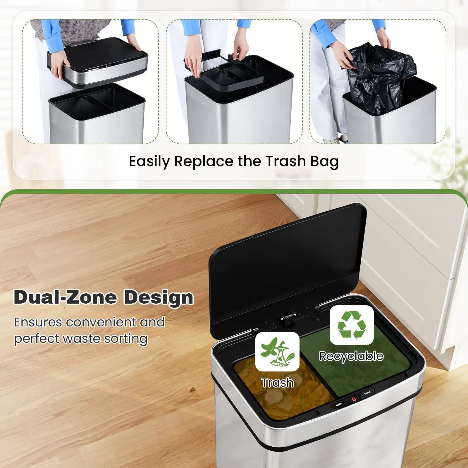 16 Gallon Trash Can Infrared Motion Sensor Garbage Can with Dual Compartments-Silver by DirectDeals