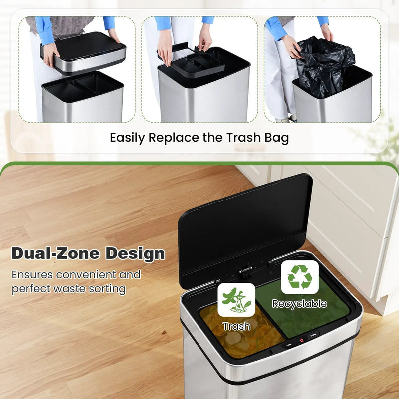 16 Gallon Trash Can Infrared Motion Sensor Garbage Can with Dual Compartments-Silver by DirectDeals
