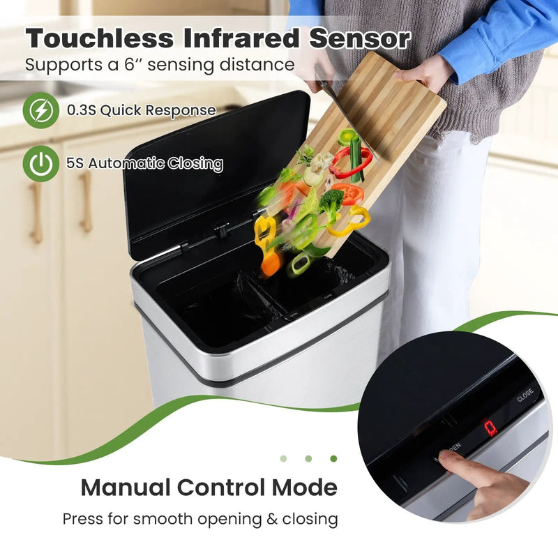16 Gallon Trash Can Infrared Motion Sensor Garbage Can with Dual Compartments-Silver by DirectDeals