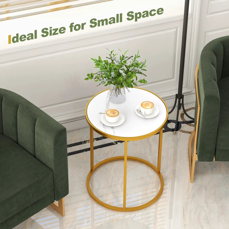 16 Inch Marble Top Round Side Table with Golden Metal Frame for Living Room Bedroom by DirectDeals