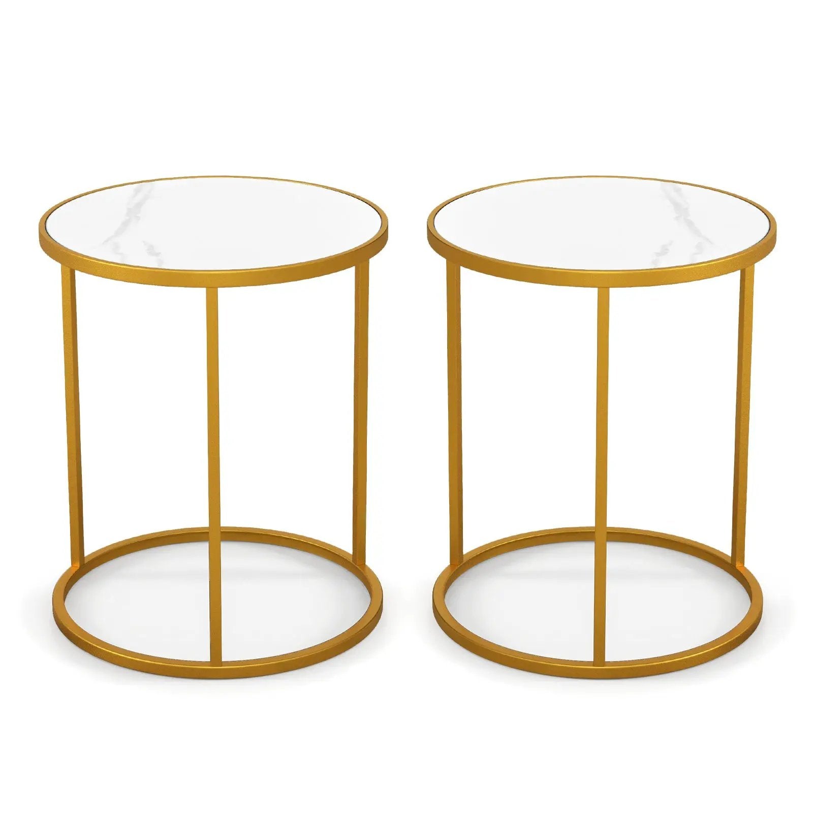 16 Inch Marble Top Round Side Table with Golden Metal Frame for Living Room Bedroom by DirectDeals