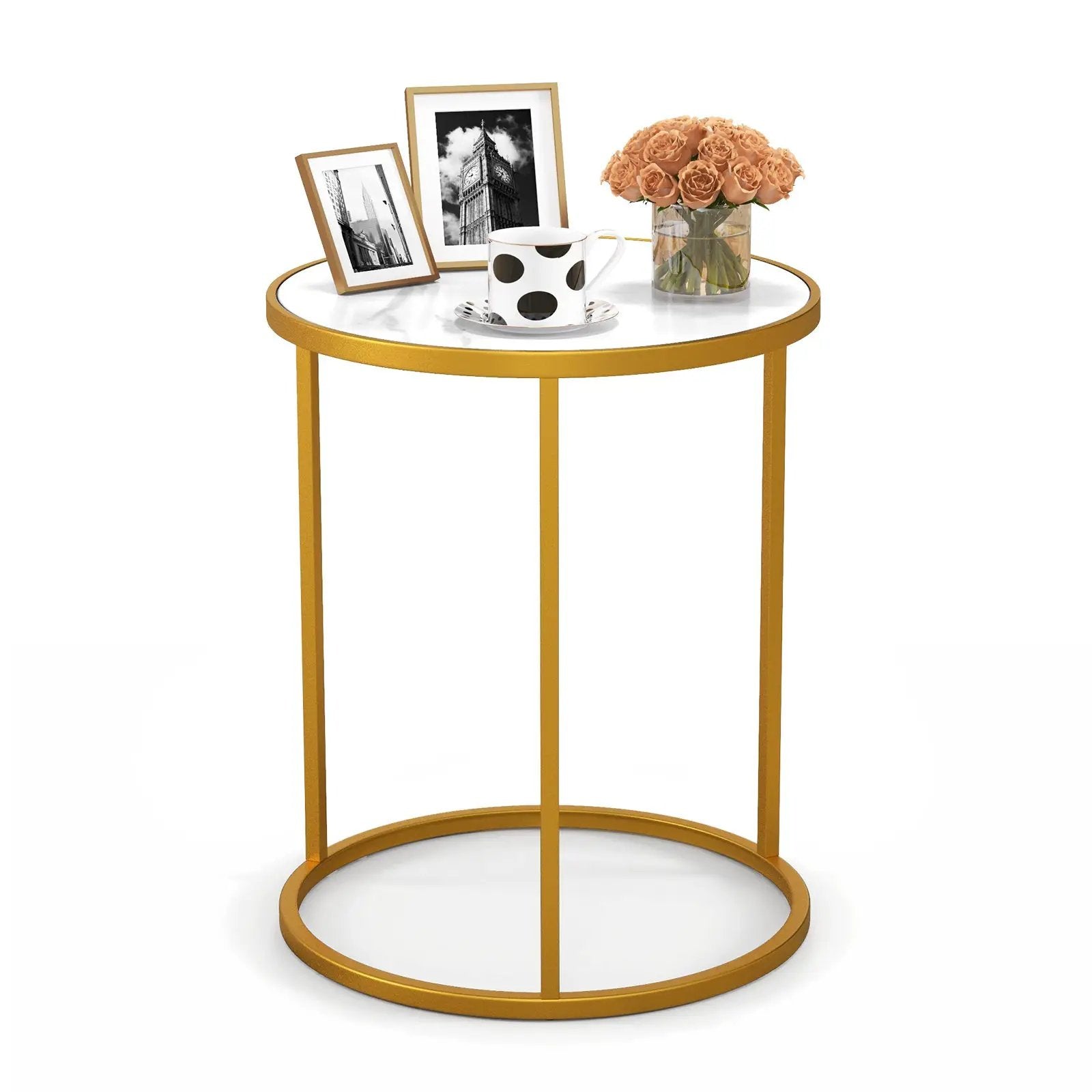 16 Inch Marble Top Round Side Table with Golden Metal Frame for Living Room Bedroom by DirectDeals