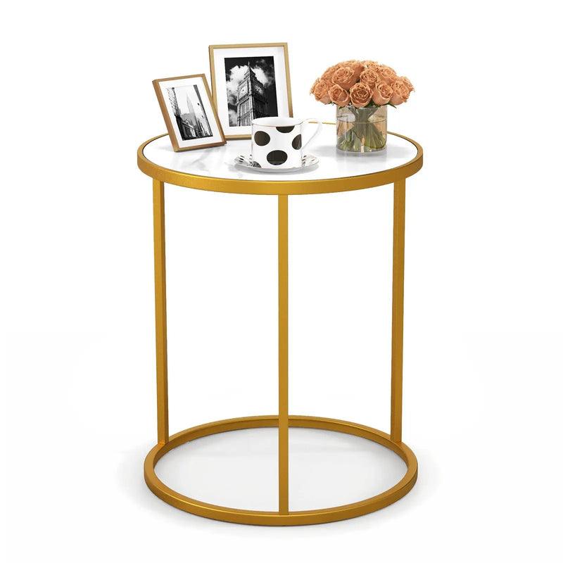 16 Inch Marble Top Round Side Table with Golden Metal Frame for Living Room Bedroom by DirectDeals
