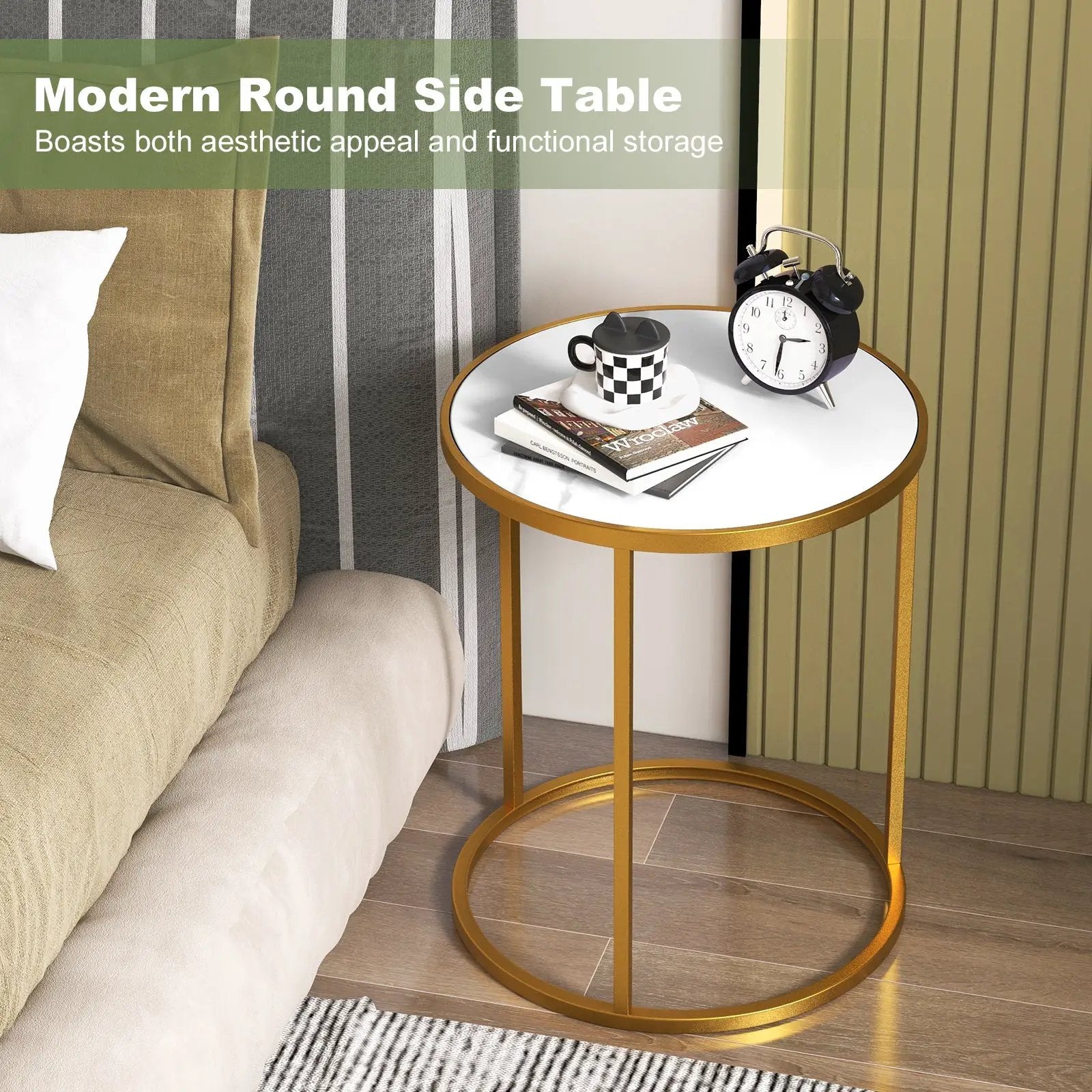 16 Inch Marble Top Round Side Table with Golden Metal Frame for Living Room Bedroom by DirectDeals
