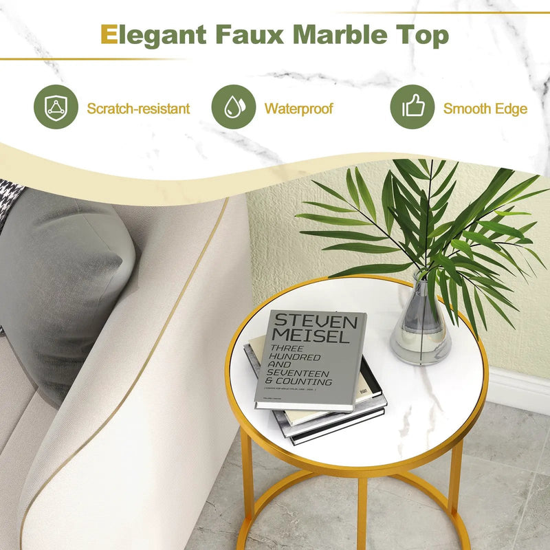 16 Inch Marble Top Round Side Table with Golden Metal Frame for Living Room Bedroom by DirectDeals