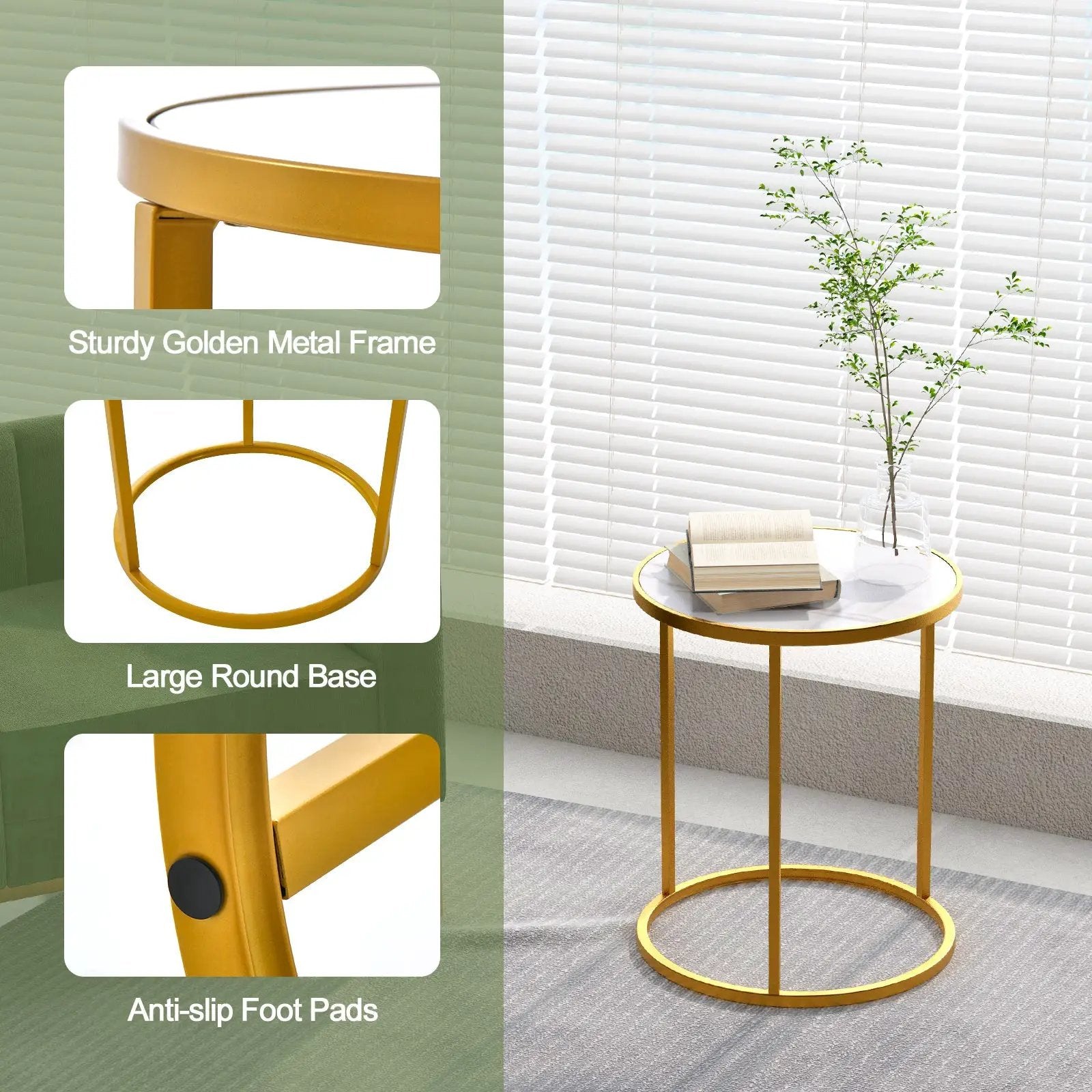16 Inch Marble Top Round Side Table with Golden Metal Frame for Living Room Bedroom by DirectDeals