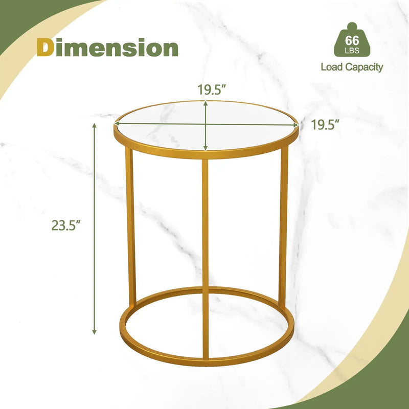 16 Inch Marble Top Round Side Table with Golden Metal Frame for Living Room Bedroom by DirectDeals