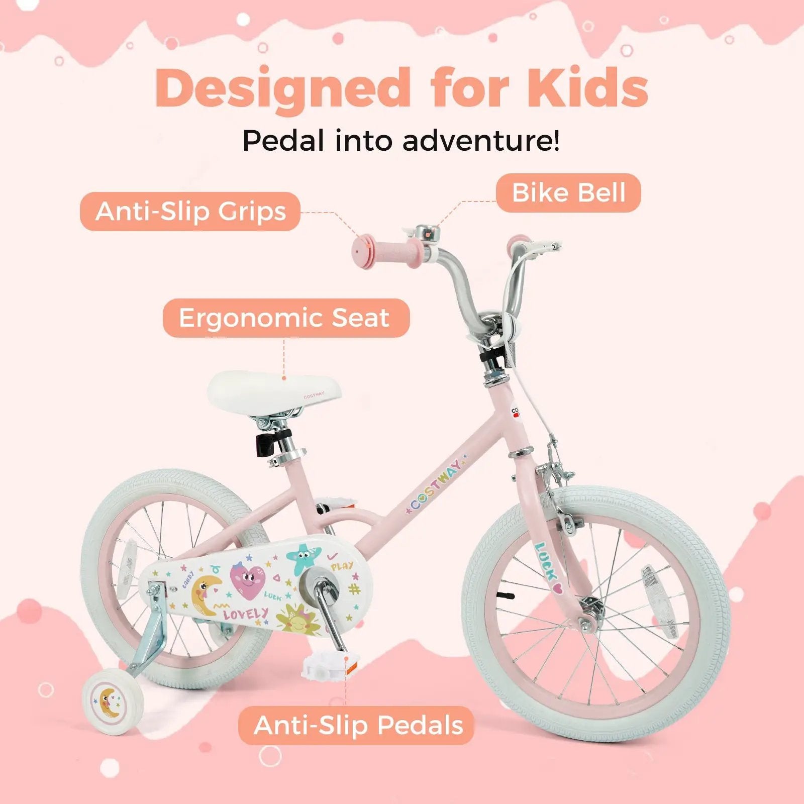 Kids Bike 12-18 Inch with Training Wheels - Pink Stars & Moon by DirectDeals