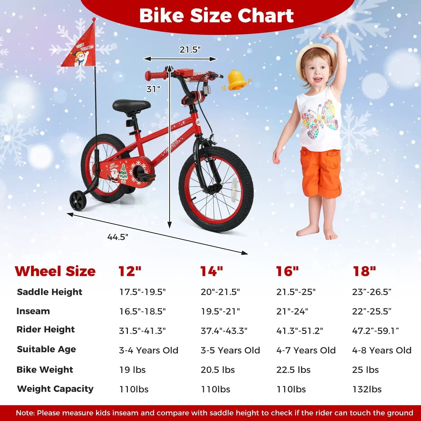 Kids Bike 12-18 Inch with Training Wheels & Christmas Music by DirectDeals
