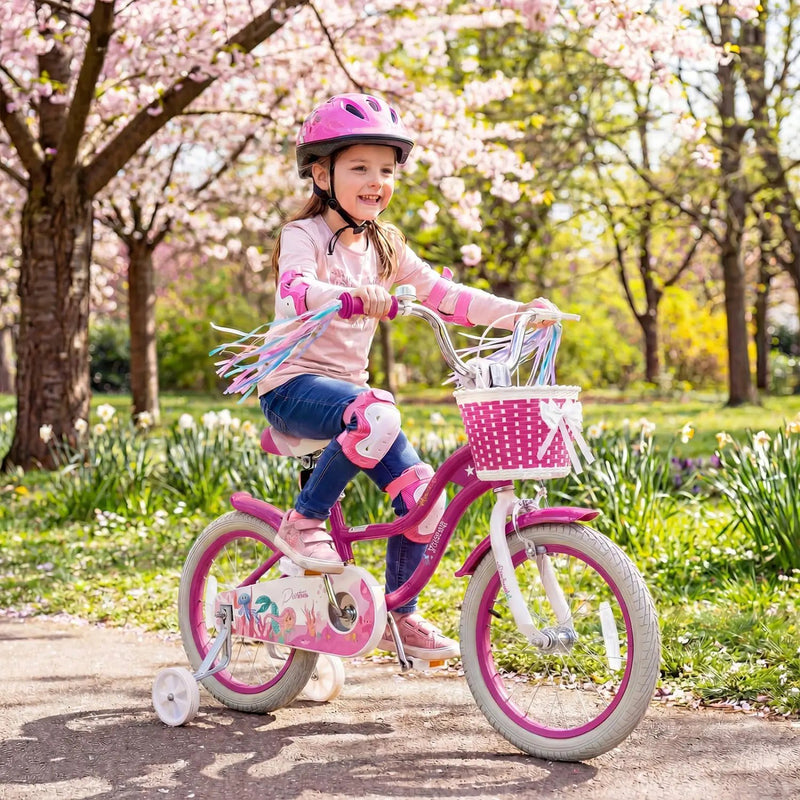 Kids Bike 18-Inch with Training Wheels and Basket Rose Red by DirectDeals