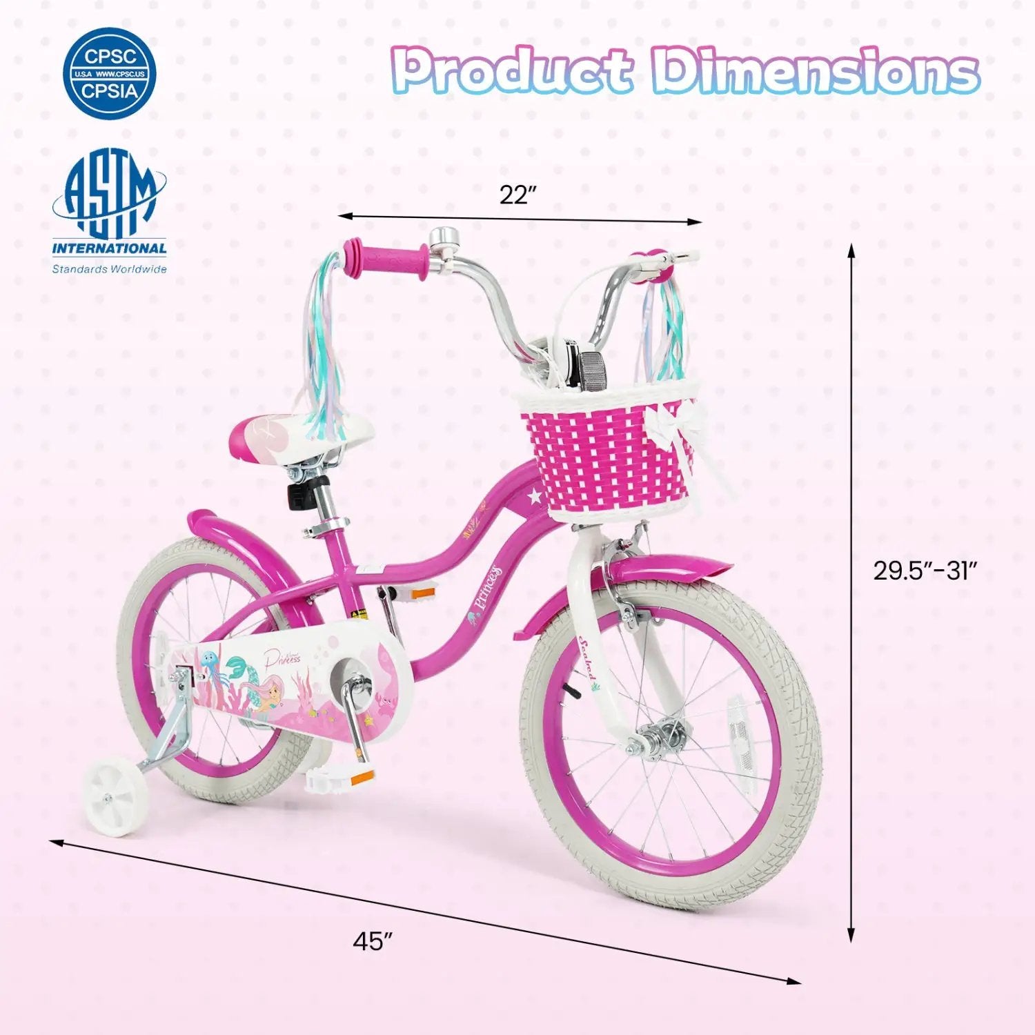 Kids Bike 18-Inch with Training Wheels and Basket Rose Red by DirectDeals