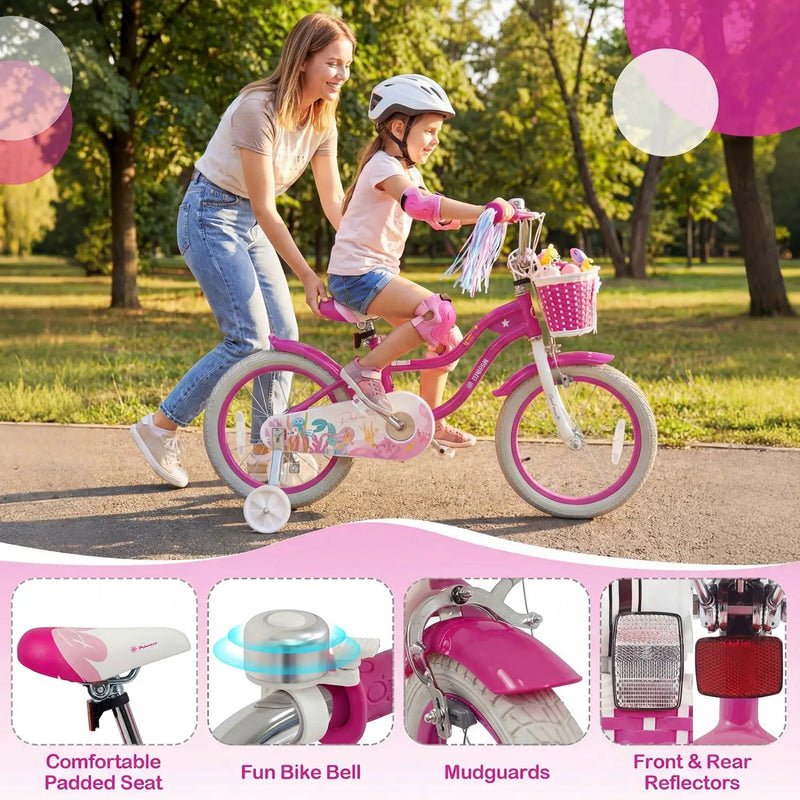 Kids Bike 18-Inch with Training Wheels and Basket Rose Red by DirectDeals