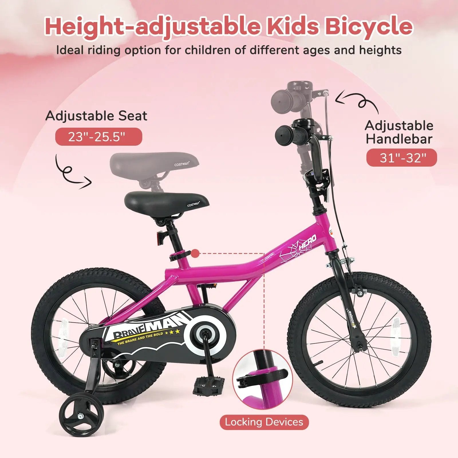 Kids Bike 14-Inch with Removable Training Wheels Pink by DirectDeals