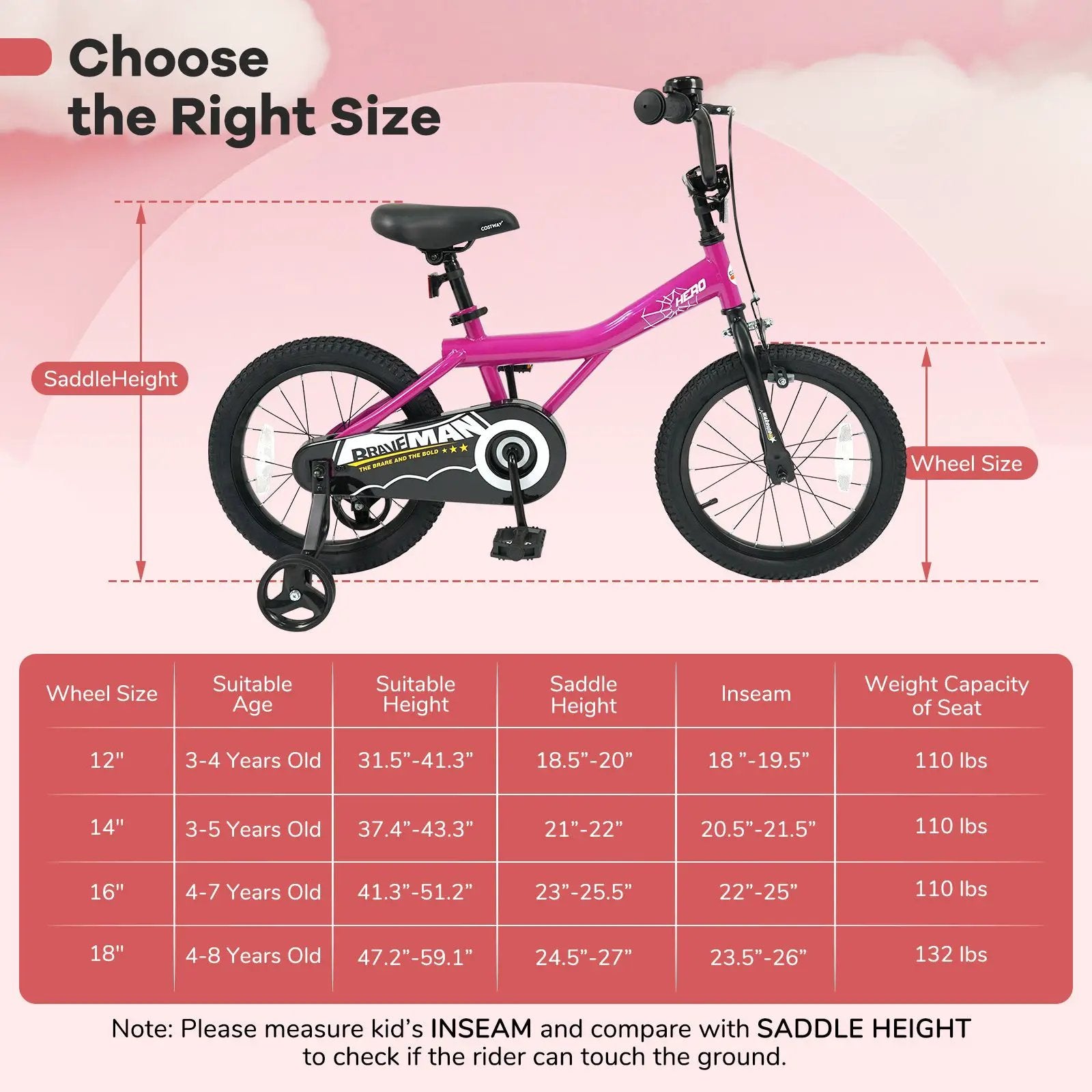 Kids Bike 14-Inch with Removable Training Wheels Pink by DirectDeals