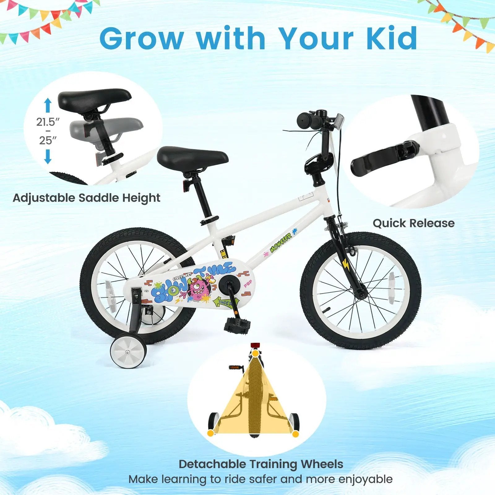 Kids Bike with Training Wheels 12-18 Inch White by DirectDeals