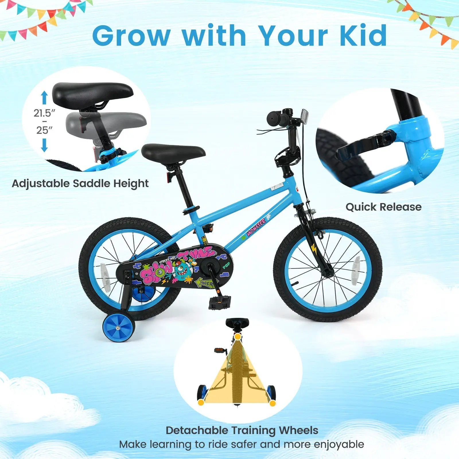 Kids Bike 16 Inch with Training Wheels Ages 4-7 by DirectDeals
