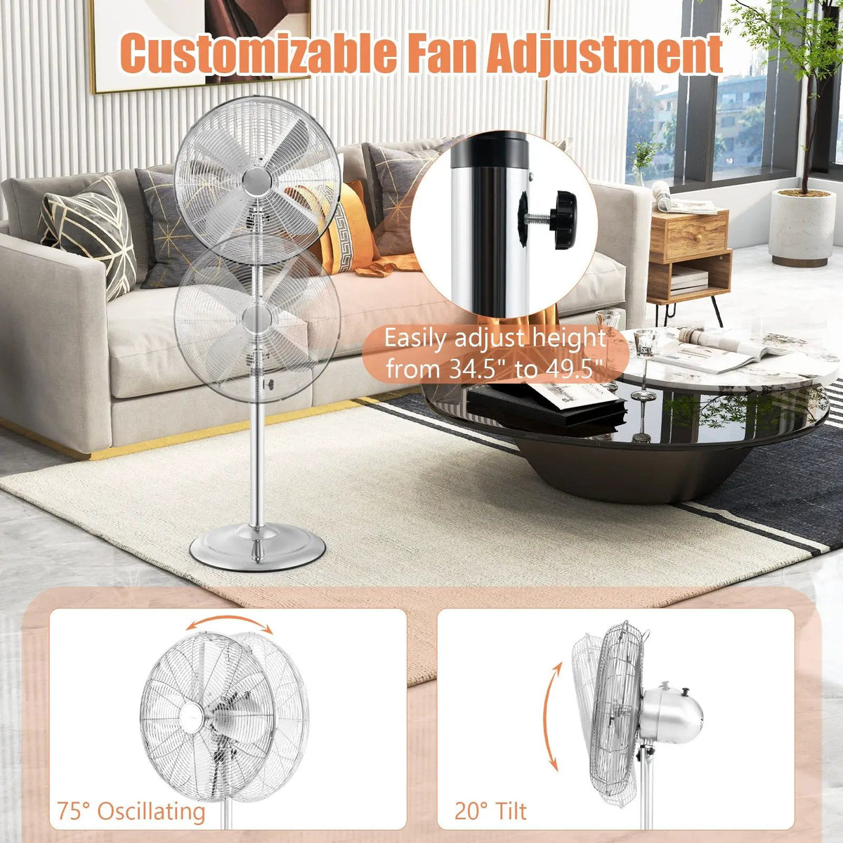 16 Inch Pedestal Standing Fan Oscillating Pedestal Fan with 3 Speeds and Adjustable Height, photo 8 of 10