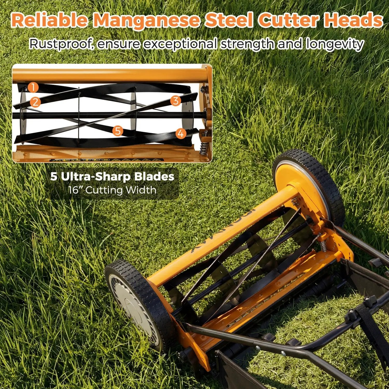 16 Inch Push Lawn Mower with 5 Steel Blades and Grass Catcher Bag by DirectDeals