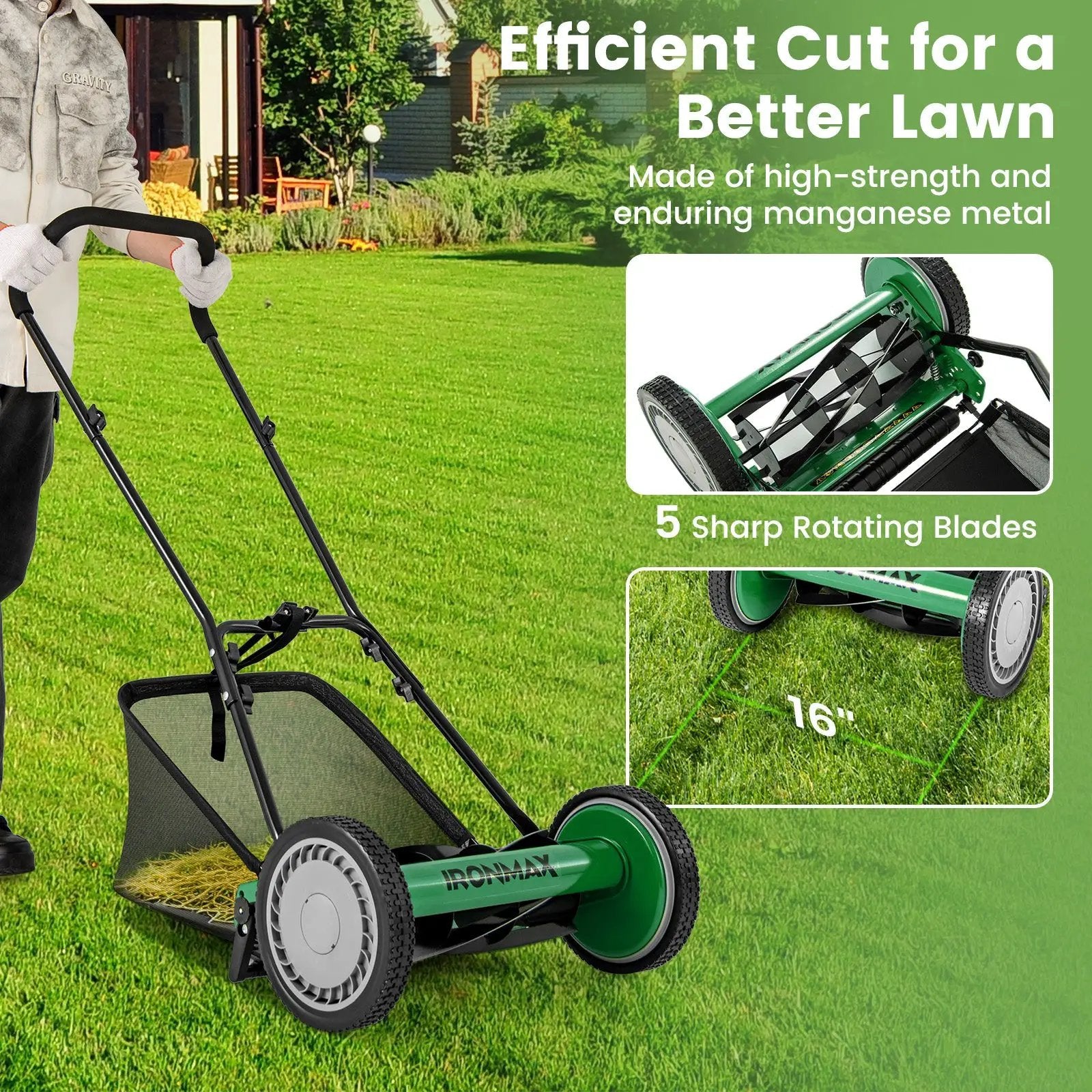 16 Inch Push Lawn Mower with 5 Steel Blades and Grass Catcher Bag by DirectDeals