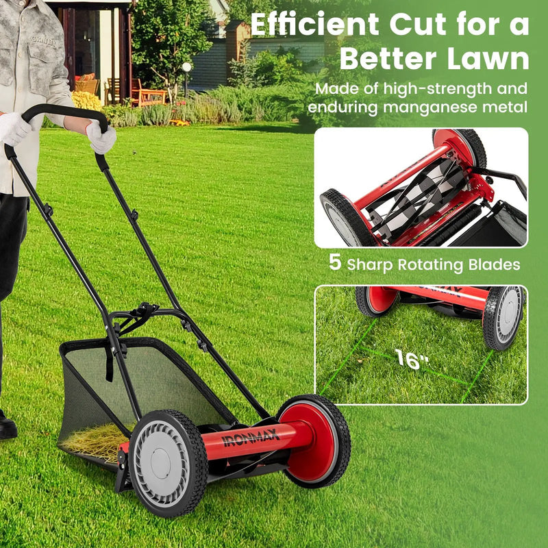 16 Inch Push Lawn Mower with 5 Steel Blades and Grass Catcher Bag by DirectDeals