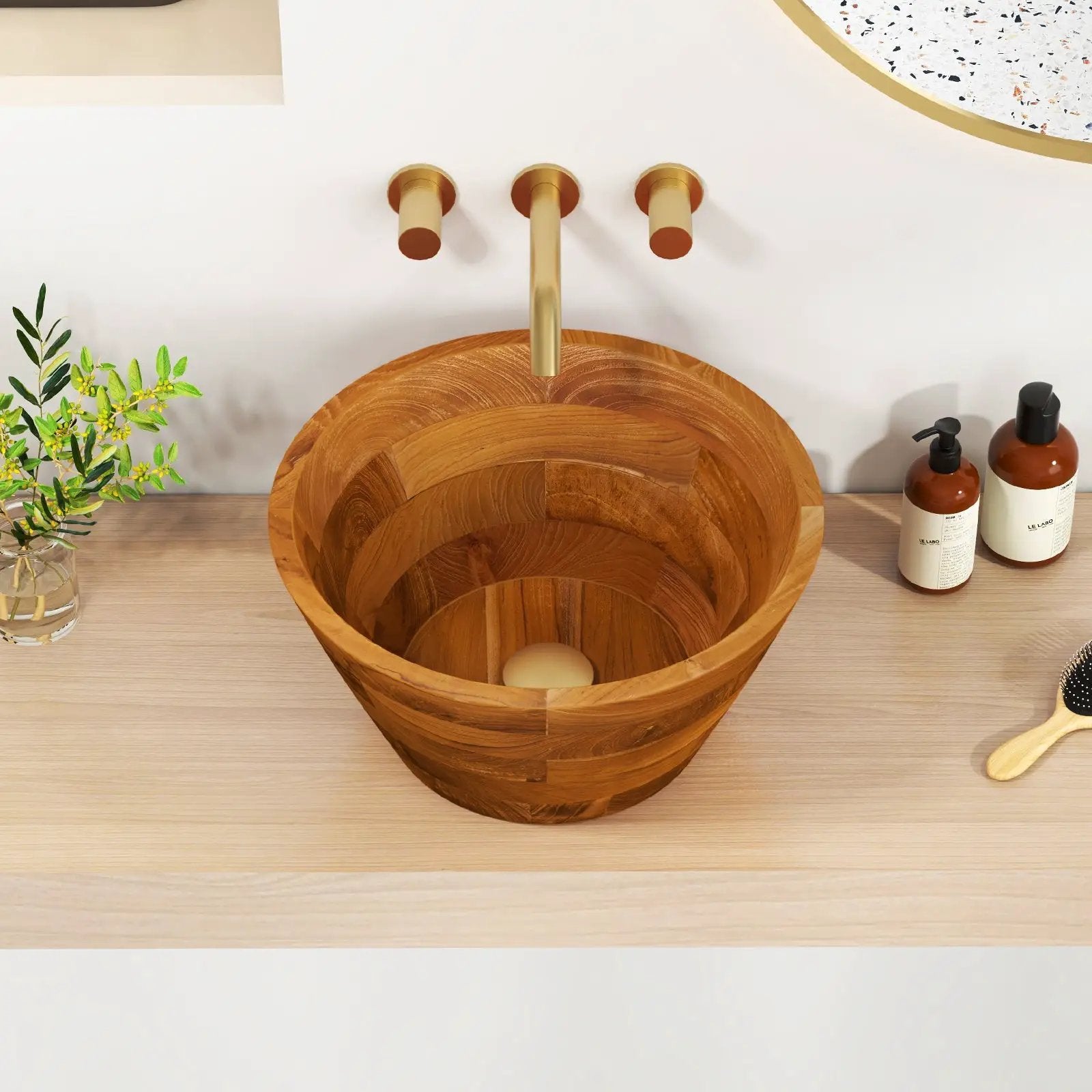 16 Inch Teak Wood Washbasin with Drainage Hole and Smooth Finish by DirectDeals