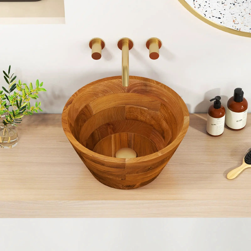 16 Inch Teak Wood Washbasin with Drainage Hole and Smooth Finish by DirectDeals