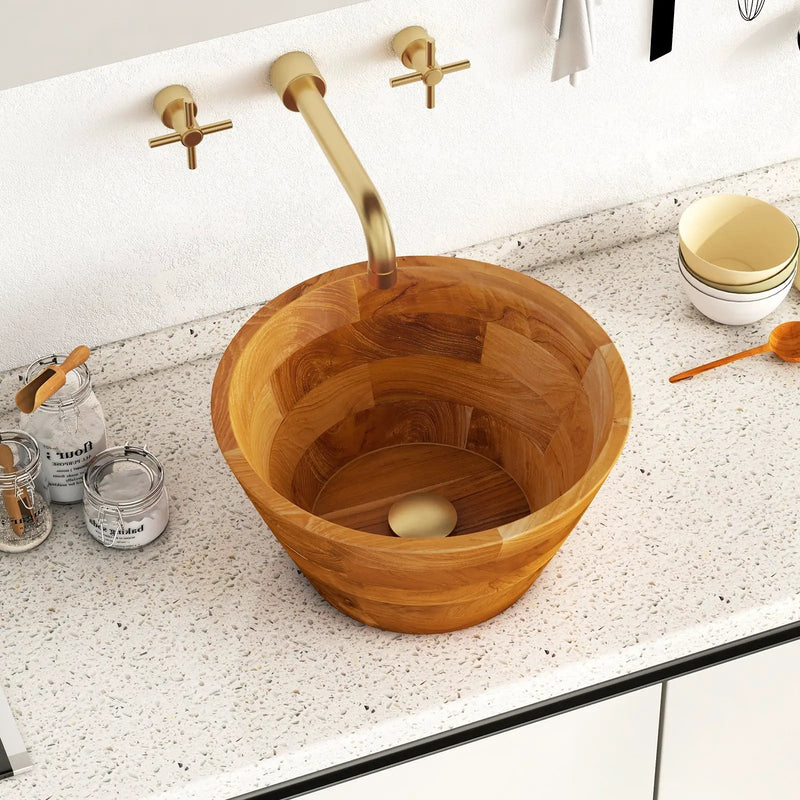 16 Inch Teak Wood Washbasin with Drainage Hole and Smooth Finish by DirectDeals