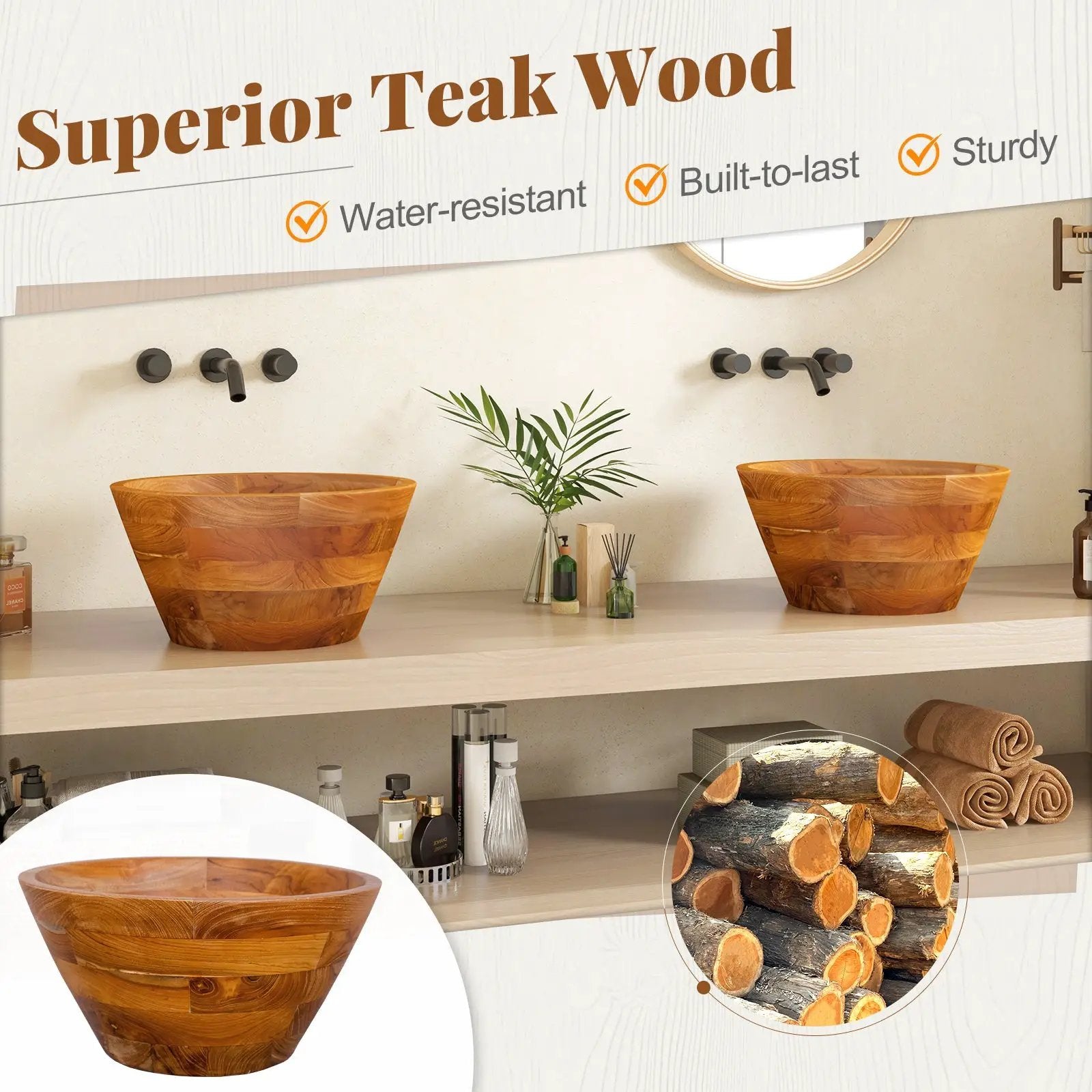 16 Inch Teak Wood Washbasin with Drainage Hole and Smooth Finish by DirectDeals